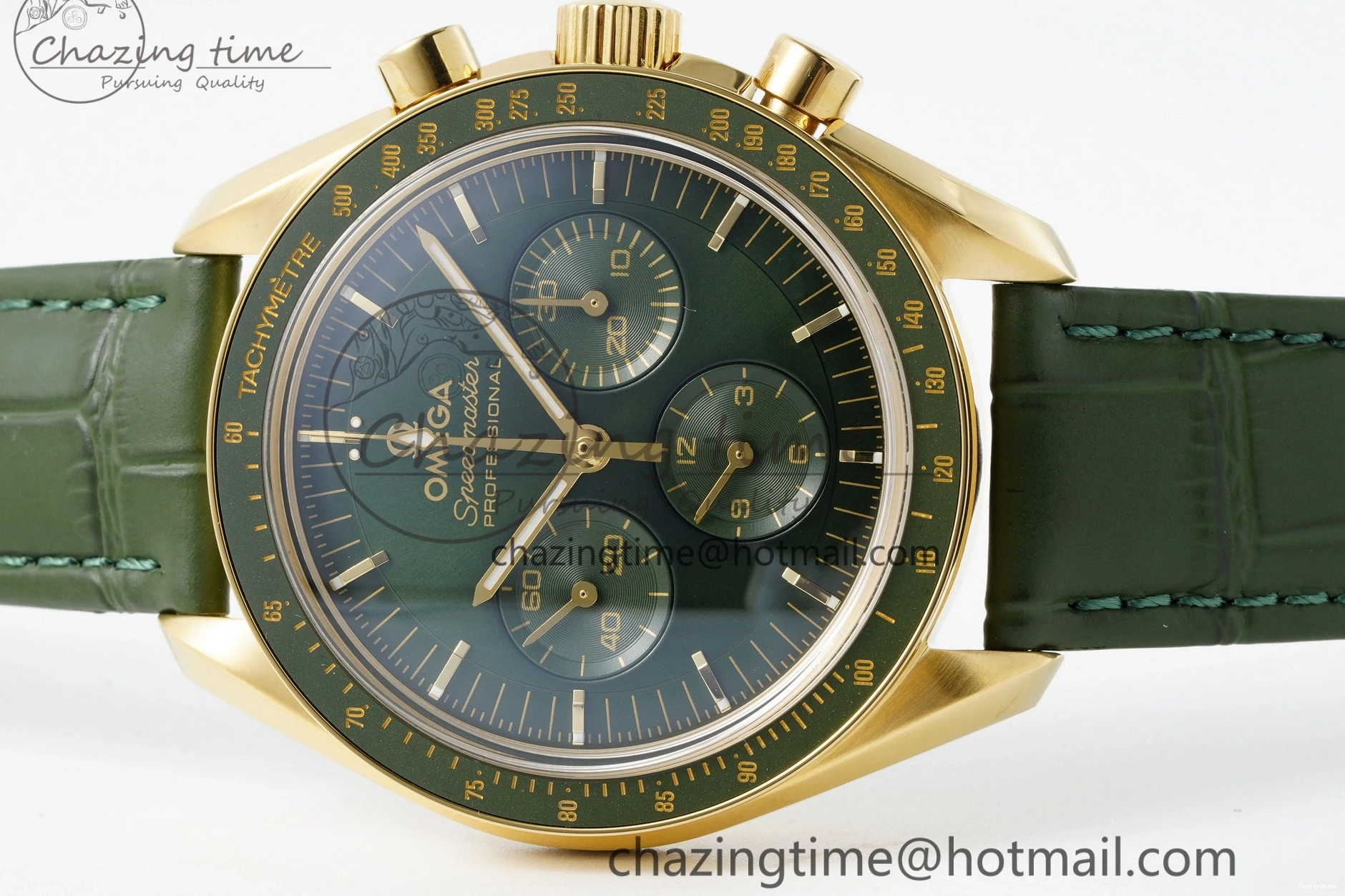 0404 Speedmaster Moonwatch in Moonshine Gold YG RMF Best Edition Green Dial on Green Leather Strap Manual Chrono EasyCare 7832